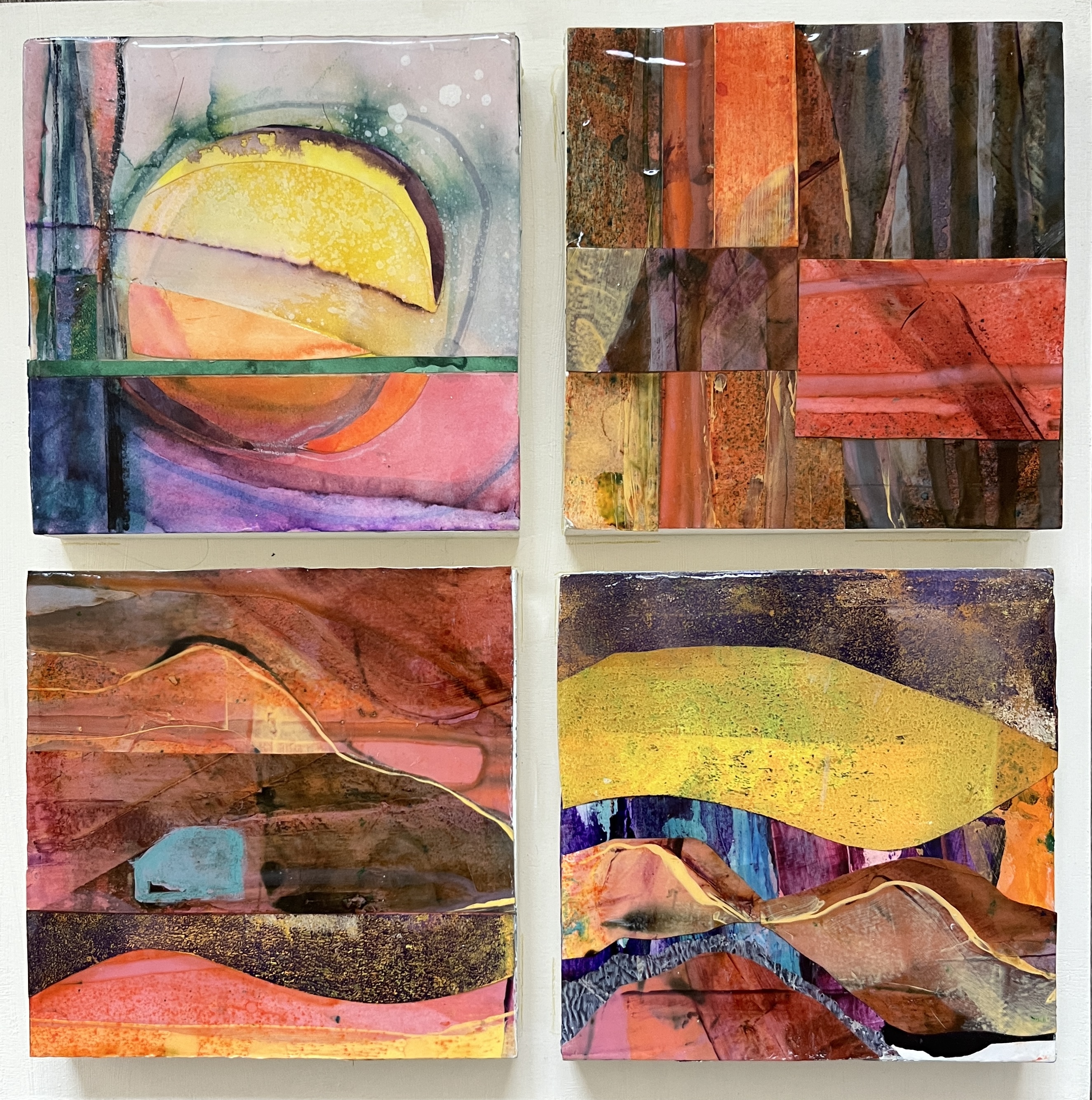 SEDONA SUNRISE - Four 5 x 5 inch Acrylic Paper Collages, Resin-Coated, Mounted on Wood Panel | 12 x 12 x 3/4 inches | $350