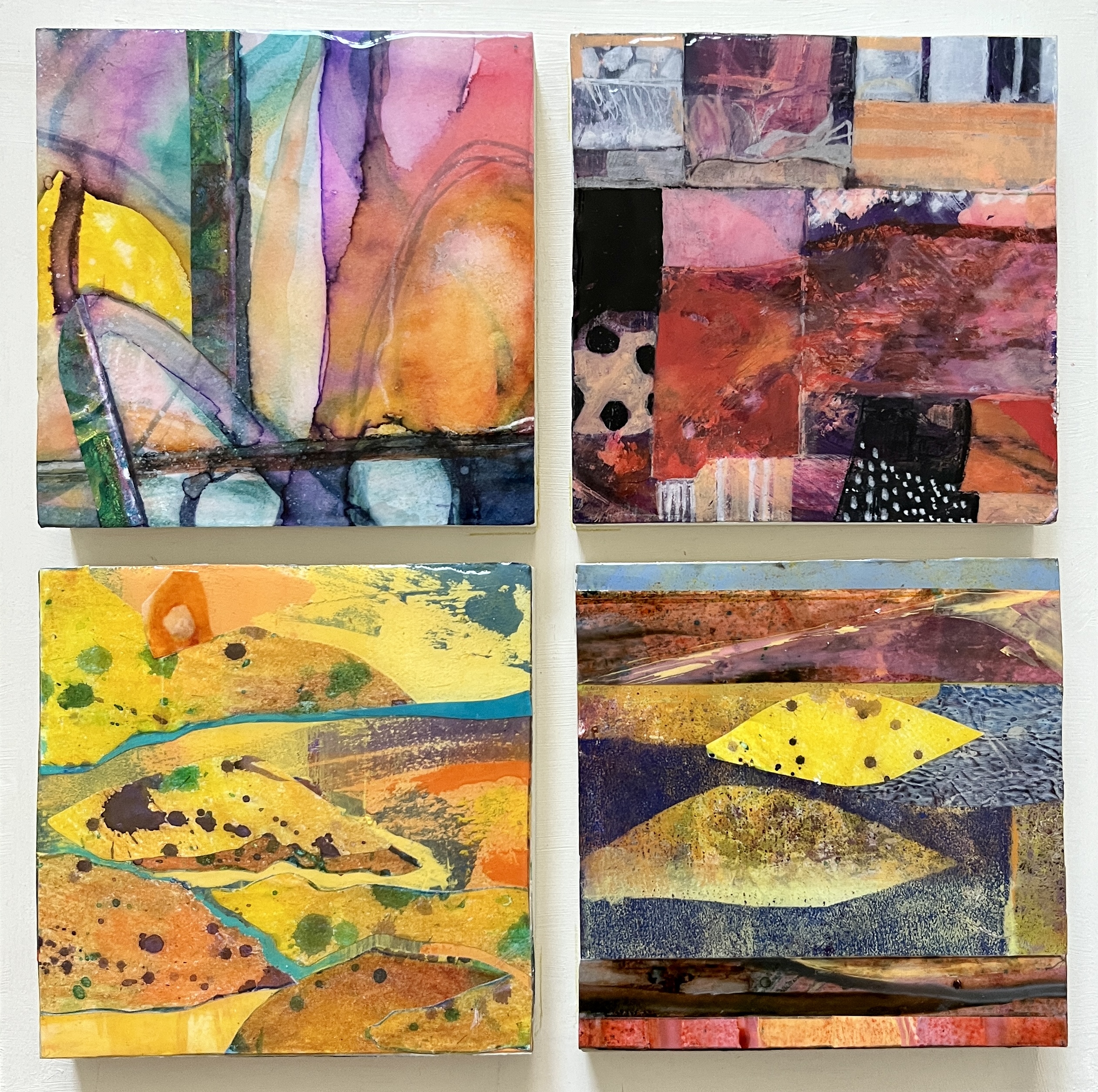 SEDONA SUNSET - Four 5 x 5 inch Acrylic Paper Collages, Resin-Coated, Mounted on Wood Panel | 12 x 12 x 3/4 inches | $350